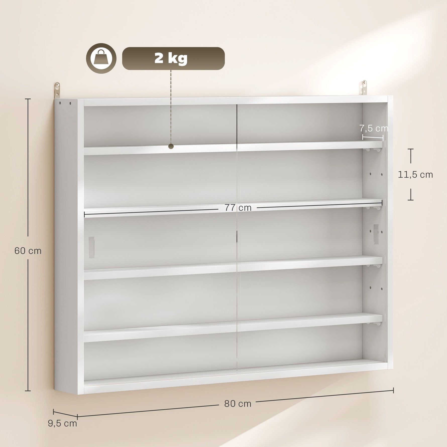 Vitrine murale pour objets de collection 4 étagère réglables en hauteur et 2 portes coulissantes 80 x 9,5 x 60 cm blanc