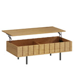 Table Basse Relevable avec 2 Compartiments Cachés et Latéraux Cannelés, Style Mid-Century Modern, 110x55x36,5cm, Chêne