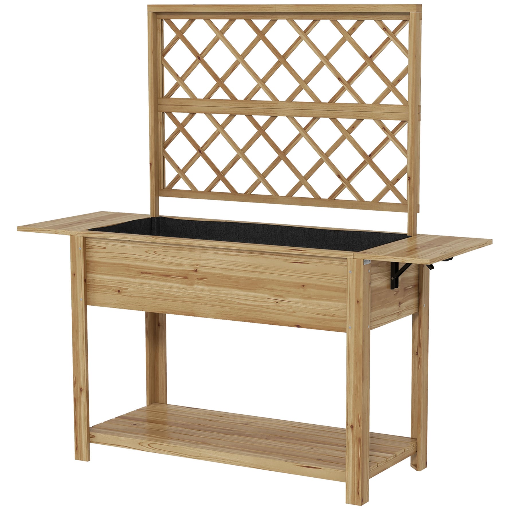 Jardinière rectangulaire sur pieds avec treillis 2 tablettes latérales rabattables 1 étagère inférieure bois