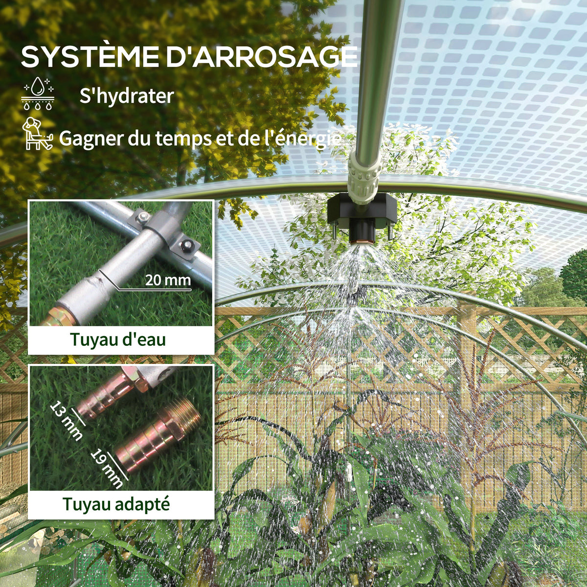 Serre de Jardin Tunnel 6 m² avec système d'arrosage intégré, 3L x 2l m 6 fenêtres Porte enroulable Vert