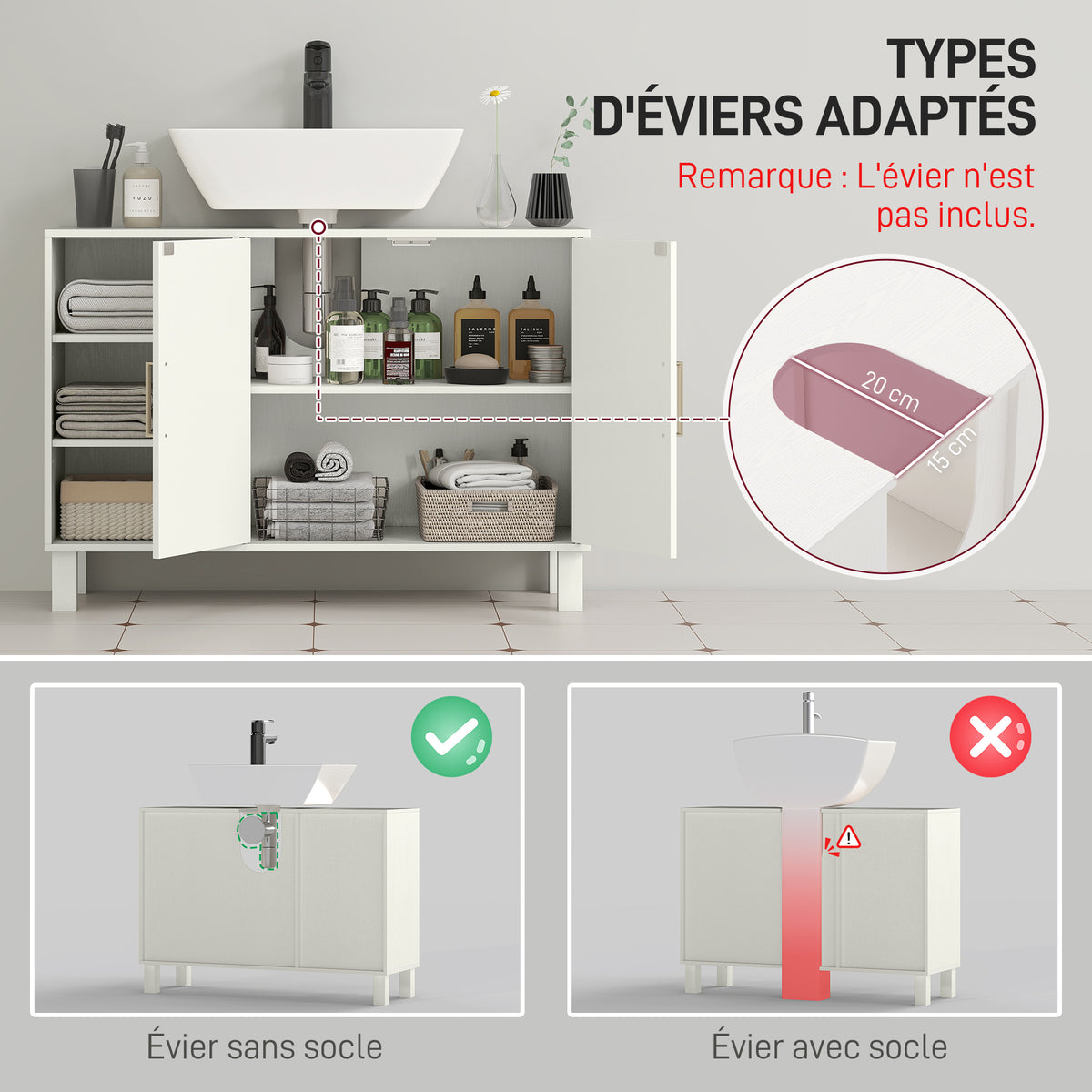 Meuble sous lavabo meuble de salle de bain avec placard à deux niveaux étagères réglables 90l x 30P x 63H cm crème