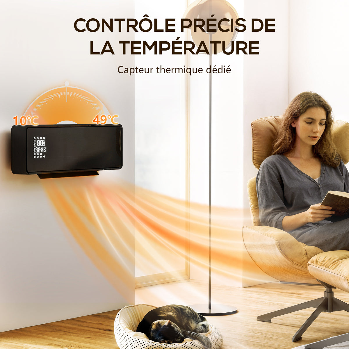 Chauffage mural en céramique 1000/2000W, radiateur électrique, ventilateur, thermostat, minuterie, 54x18,7x12,3cm, noir