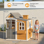 Cabane enfant extérieur en bois, maison enfant extérieure/intérieure avec porte, fenêtres, 3 bacs à fleurs, jaune