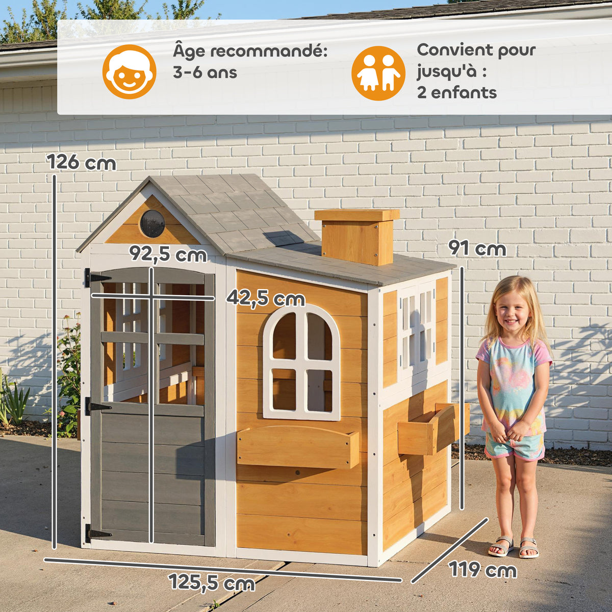 Cabane enfant extérieur en bois, maison enfant extérieure/intérieure avec porte, fenêtres, 3 bacs à fleurs, jaune