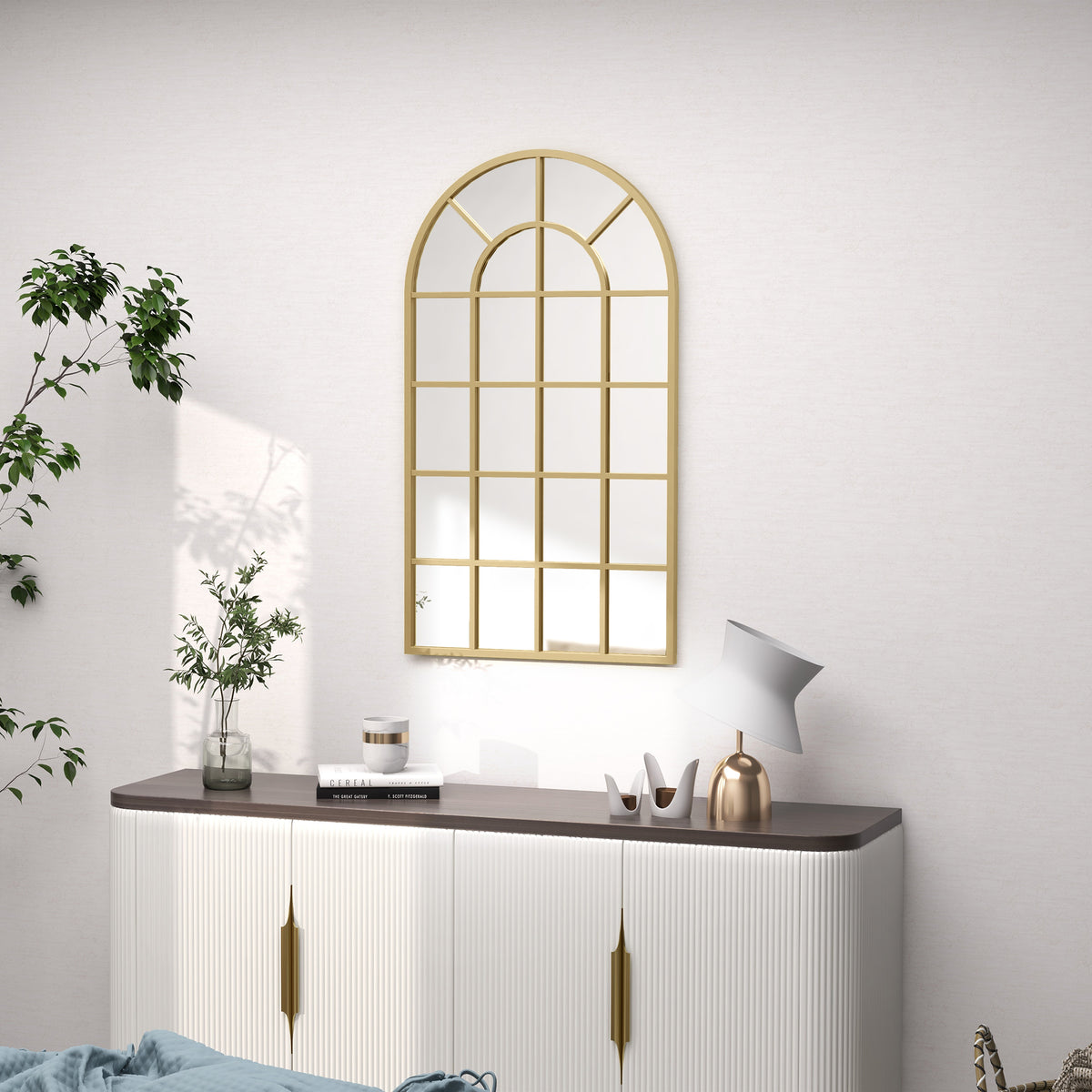 Specchio vetrata ad arco stile industriale finestra a tutto sesto metallo 110 x 65 cm dorato