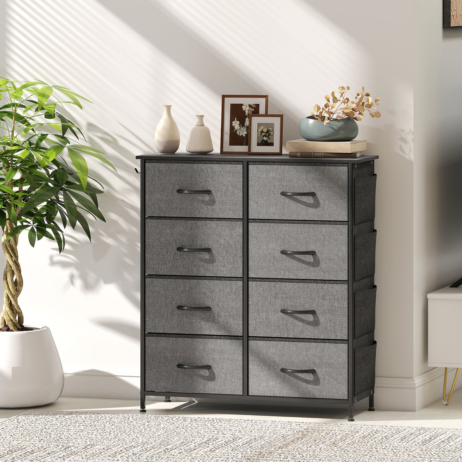 Commode 8 tiroirs en tissu, meuble de rangement avec 4 poches, 2 crochets, structure en acier, 86 x 30 x 94,5 cm, gris