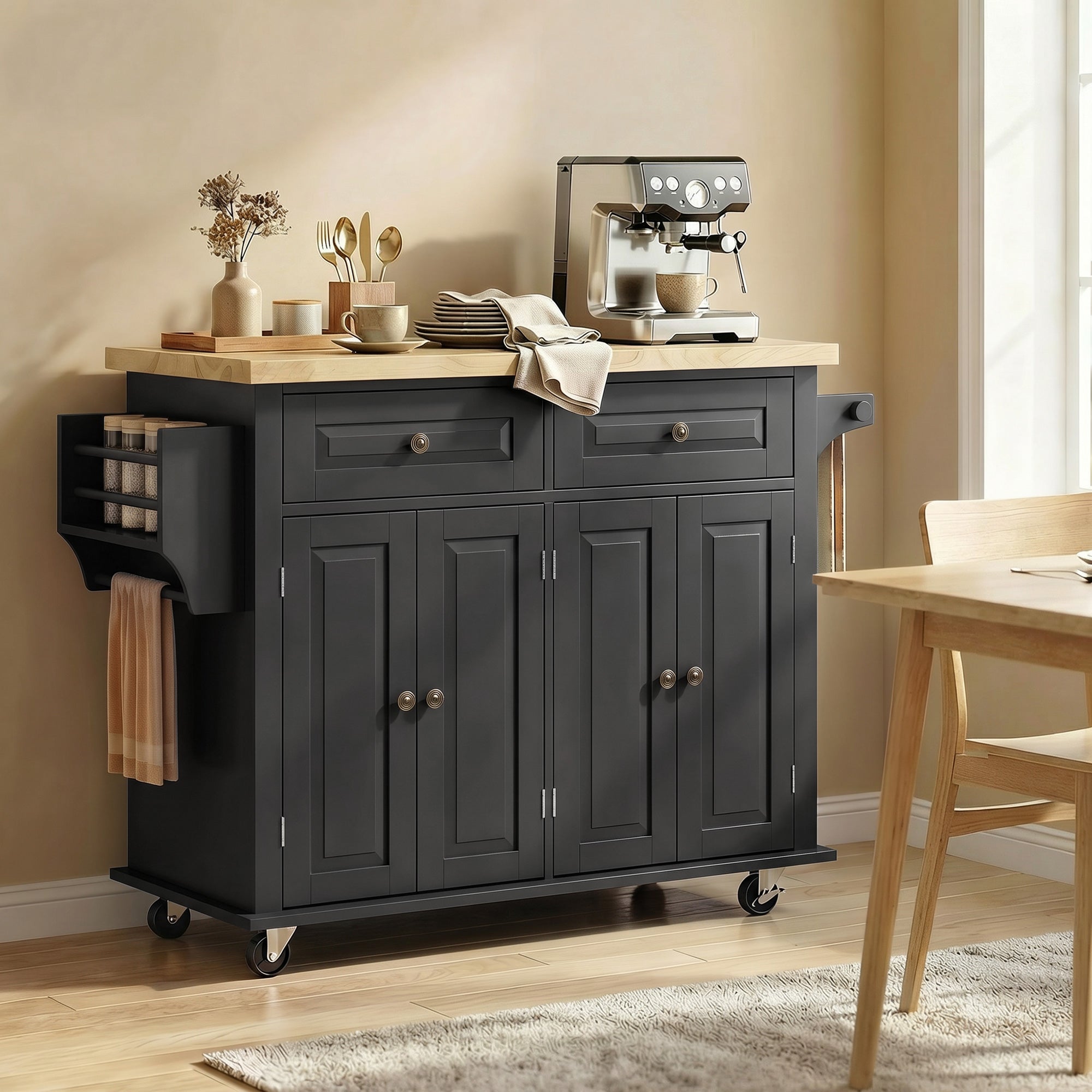 Îlot Central Cuisine avec Plateau en Hévéa, Desserte de Cuisine sur Roulettes avec 2 Tiroirs, 111 x 44,5 x 82,5 cm, Noir