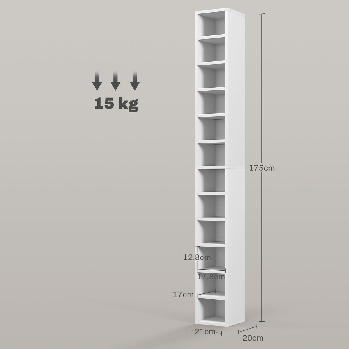 Estantería para CD y DVD con 12 compartimentos, capacidad máx. 204 CD, 21 x 20 x 175 cm, blanco