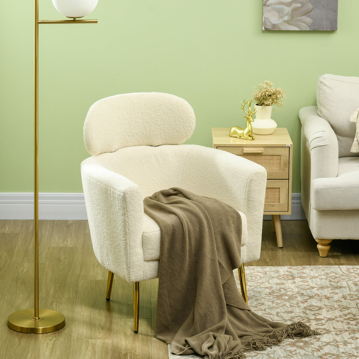 Fauteuil salon avec appuie-tête amovible, fauteuil crapaud en peluche teddy, pieds en métal, 71 x 65 x 90 cm, crème