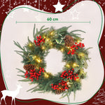 Beleuchteter Weihnachtskranz 60 cm mit 35 LEDs, Timer, 170 Zweigspitzen, Tannenzapfen, Beeren, Stechpalmenblättern, Grün