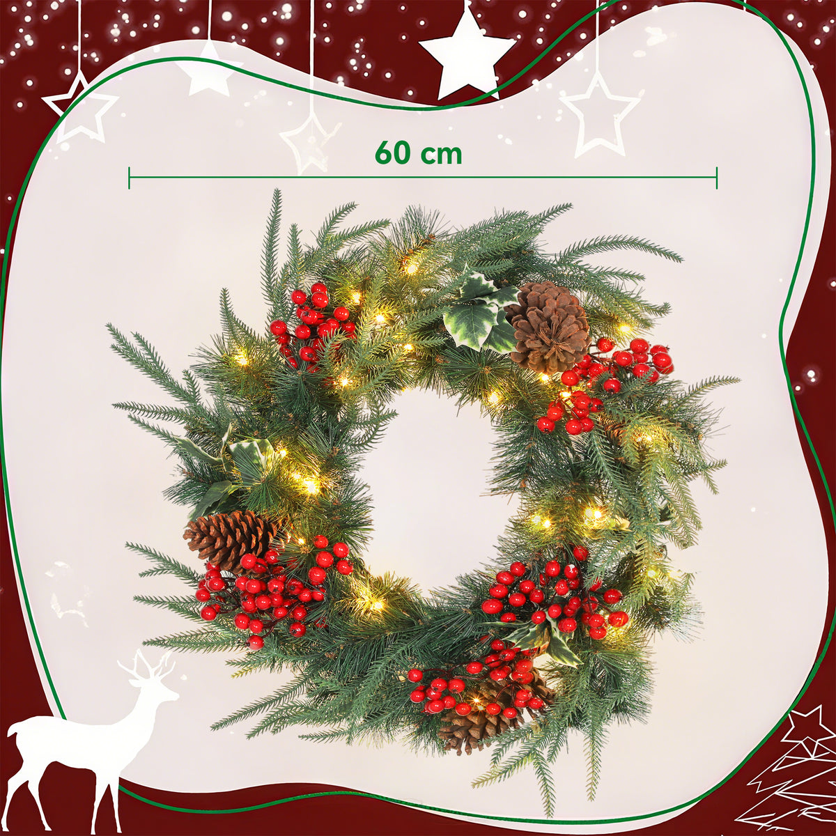 Beleuchteter Weihnachtskranz 60 cm mit 35 LEDs, Timer, 170 Zweigspitzen, Tannenzapfen, Beeren, Stechpalmenblättern, Grün