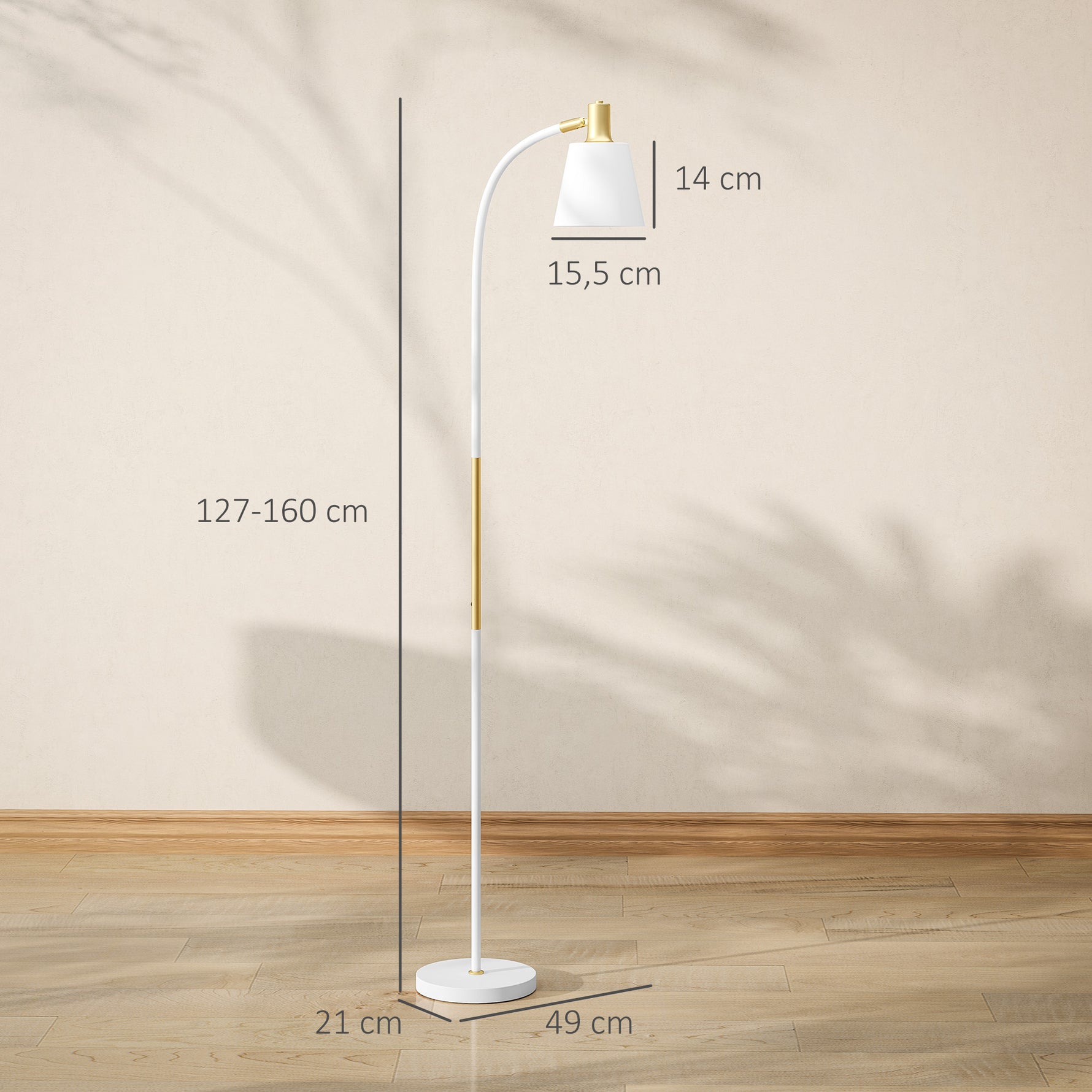 Lampadaire de salon réglable en hauteur 127-160 cm avec interrupteur, douille E27, blanc