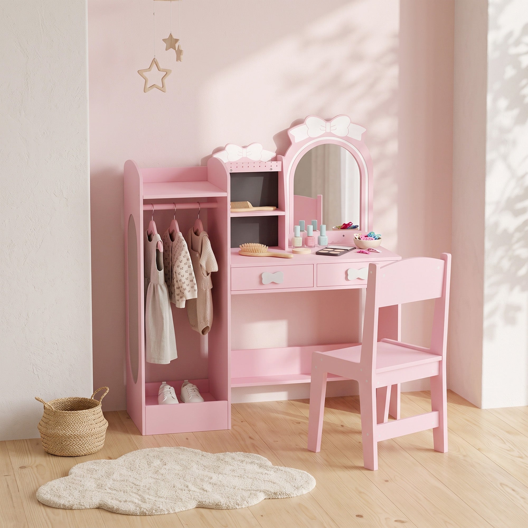 Coiffeuse pour Enfants avec Tabouret et Miroir Lumineux à 2 Couleurs en Acrylique, Coiffeuse Bureau Fille 3-8 Ans, Rose