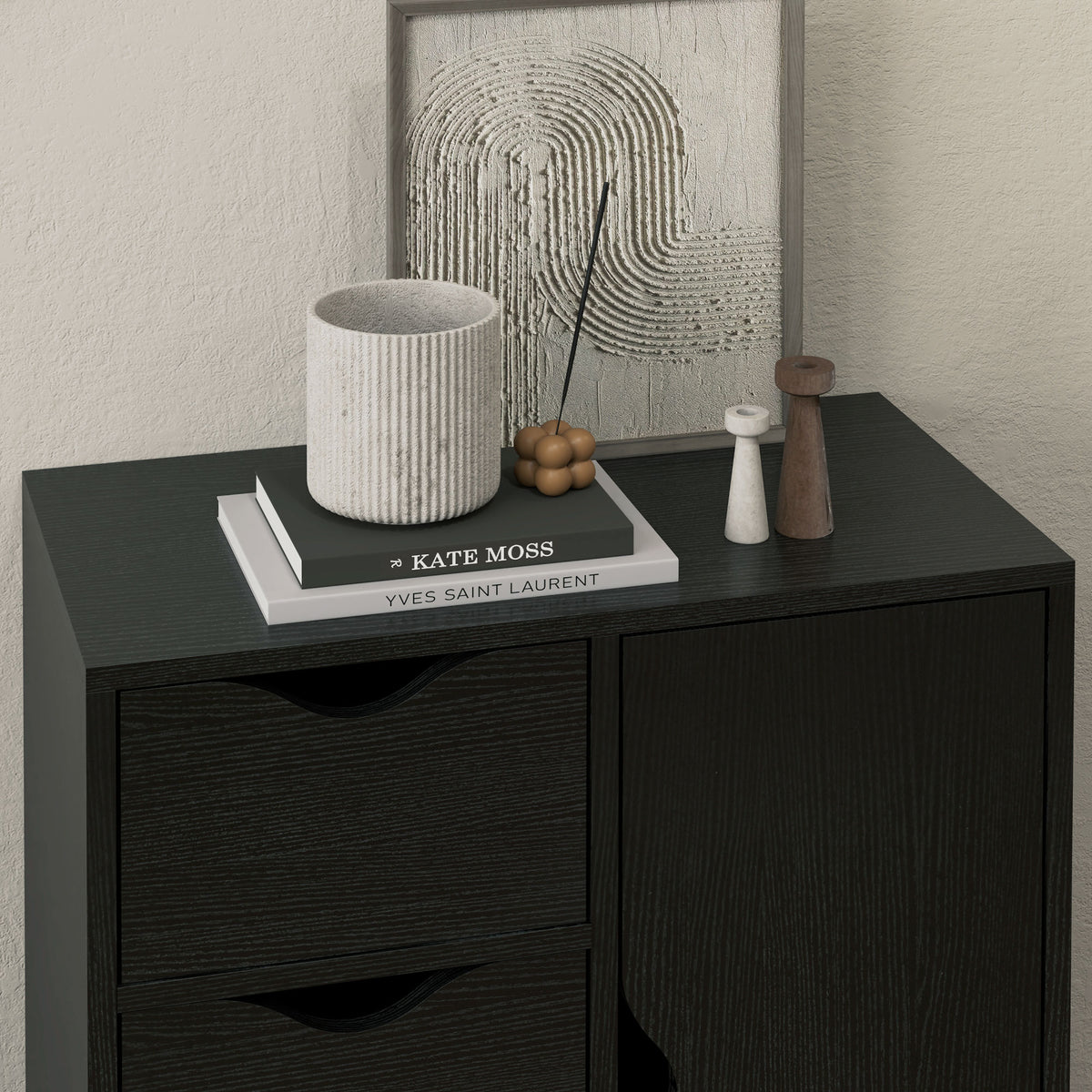 Aufbewahrungsmöbel Sideboard Kommode mit 1 Schranktür und 4 Schubladen, aus Holz, für Wohnzimmer, Küche, Flur, Esszimmer, Schwarz