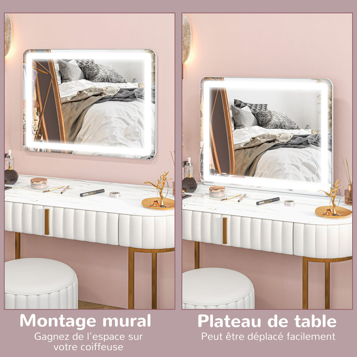 Miroir Lumineux LED intensité 3 modes d'éclairage, grossissement 10X,  port de charge USB, touche tactile - 80 x 62 cm