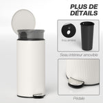 Poubelle cuisine 30L, poubelle à pédale avec seau intérieur amovible, couvercle à fermeture douce, 36x30x60,5cm, crème
