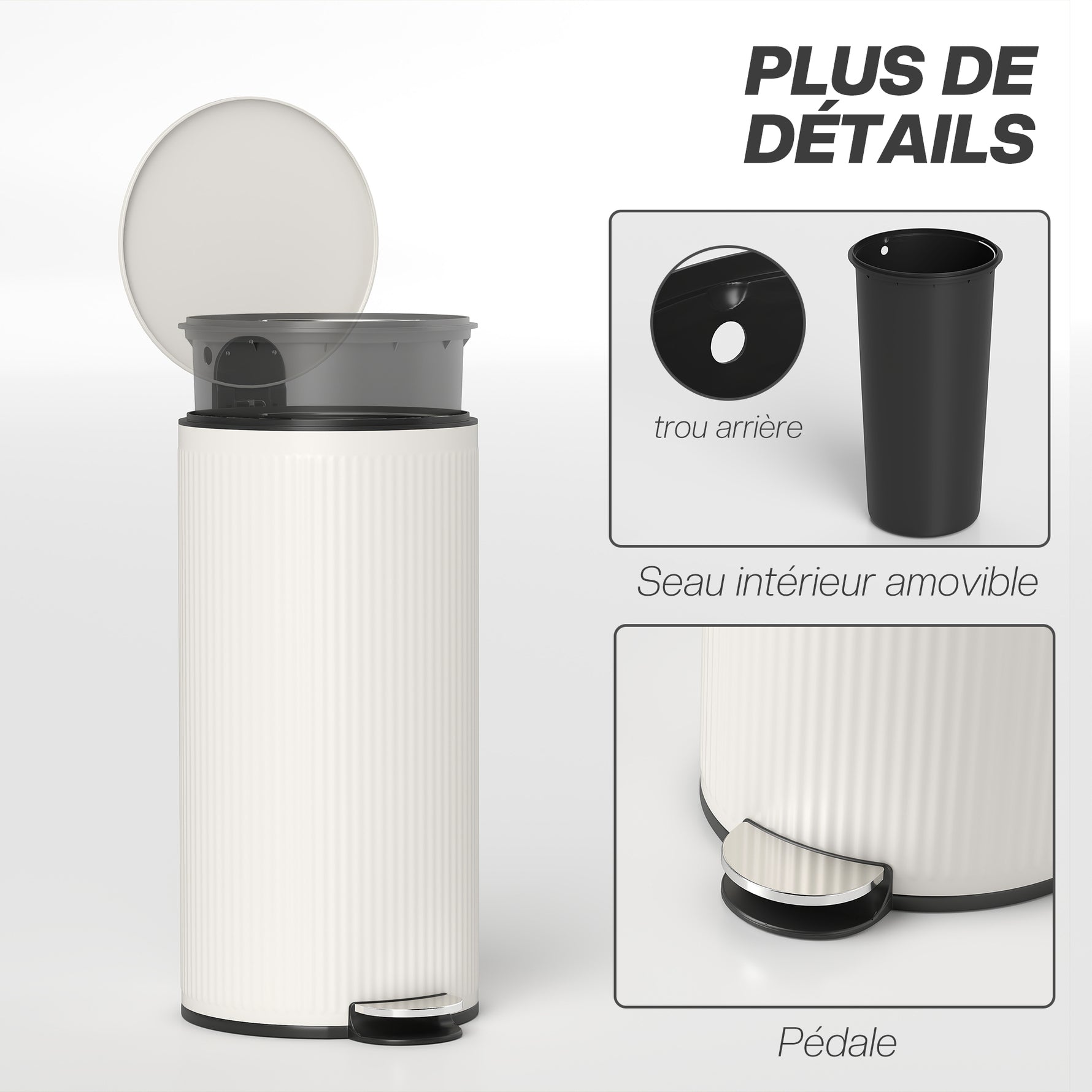 Poubelle cuisine 30L, poubelle à pédale avec seau intérieur amovible, couvercle à fermeture douce, 36x30x60,5cm, crème