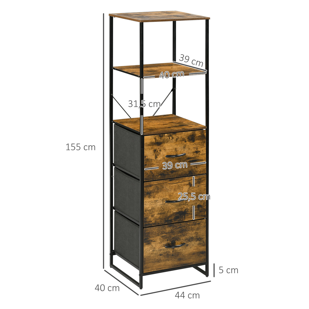 Meuble de rangement avec étagères et 3 tiroirs en tissu pliables amovibles, style industriel, dim. 44L x 40l x 155H cm