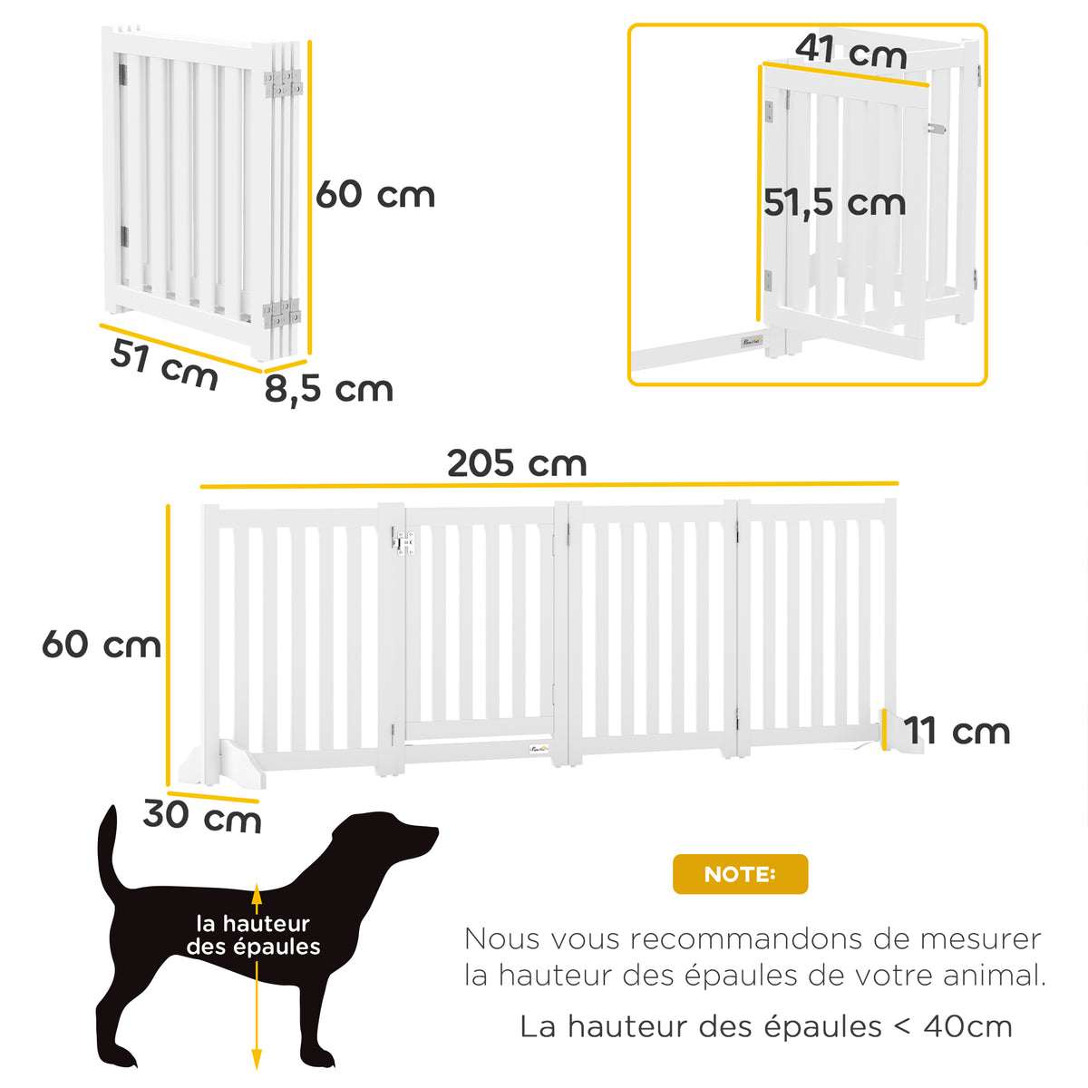 Barrière de Sécurité Chien Pliable Double Face en Bois, 4 Panneaux avec Porte, Pieds de Support, 205 x 60 cm, Blanc