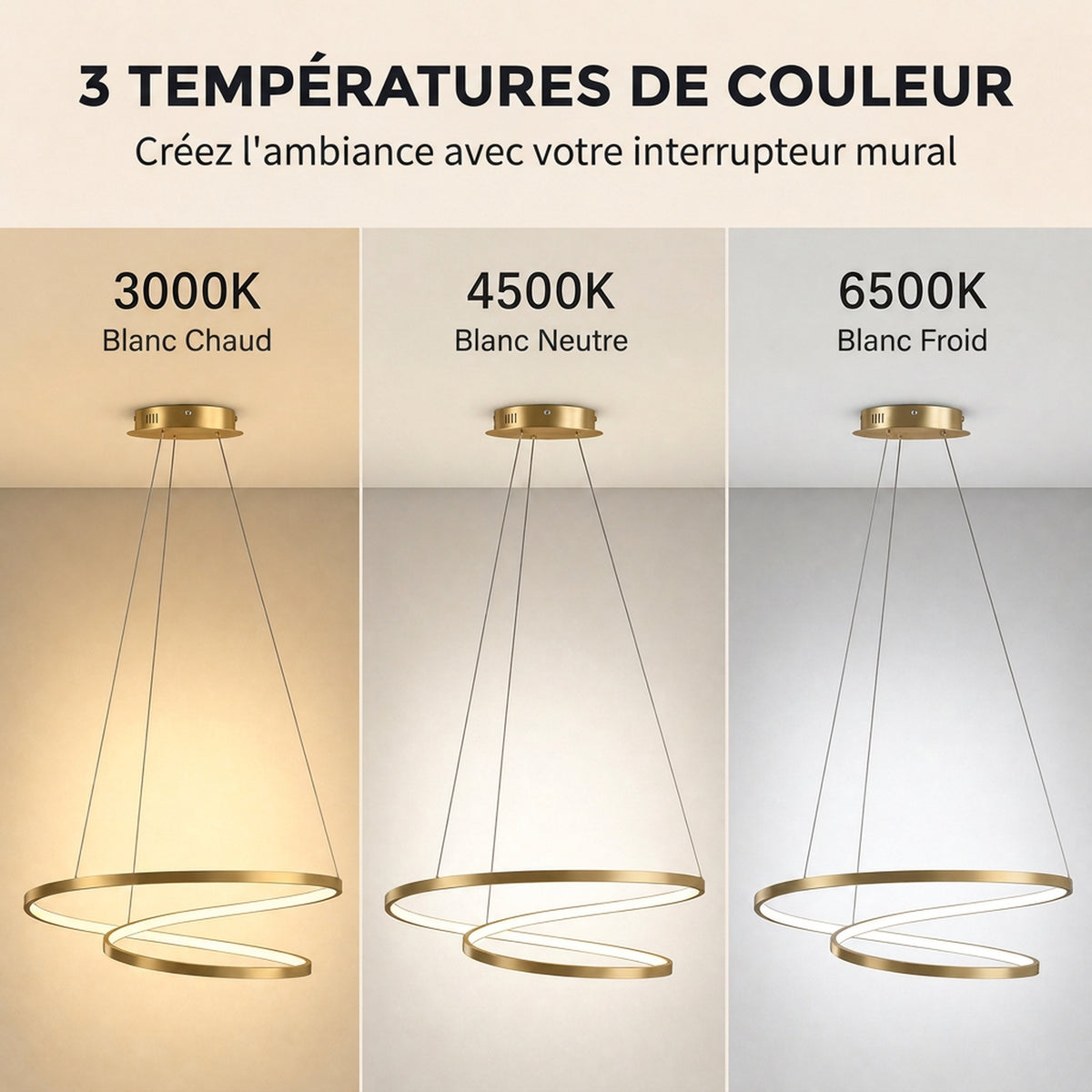 Suspension Luminaire avec 2 Anneaux, Lustre Suspendu LED à 3 Températures de Couleur, Hauteur Réglable, Doré