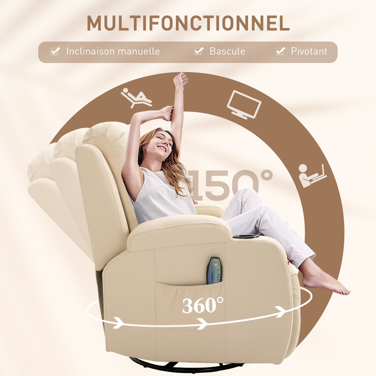Fauteuil de Massage et Relaxation Chauffant 360° pivotant inclinable manuellement Repose-Pied télécommande