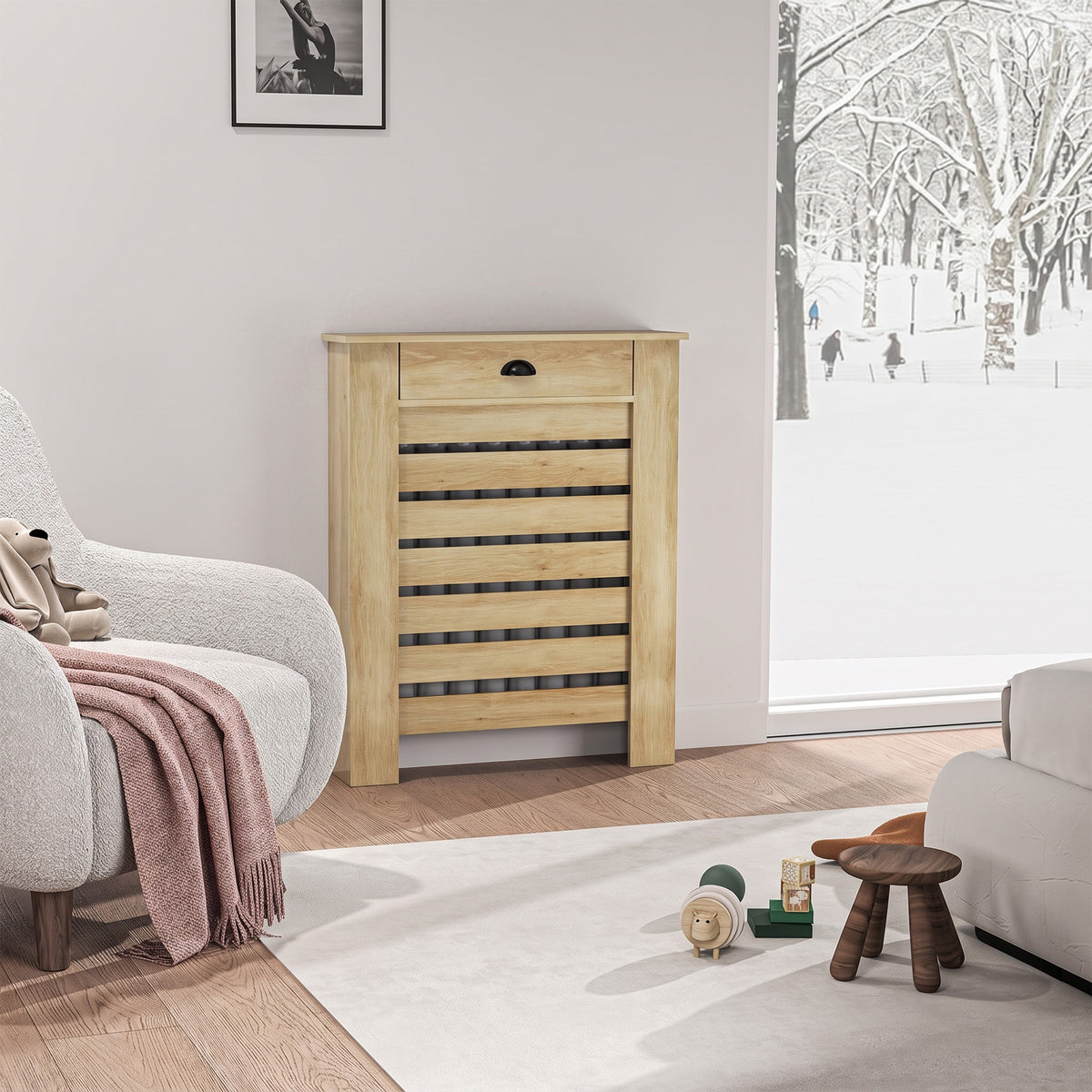 Couvercle de radiateur cache radiateur grille à lattes horizontales avec 2 tiroirs en bois 78l x 19P x 95,5H cm chêne