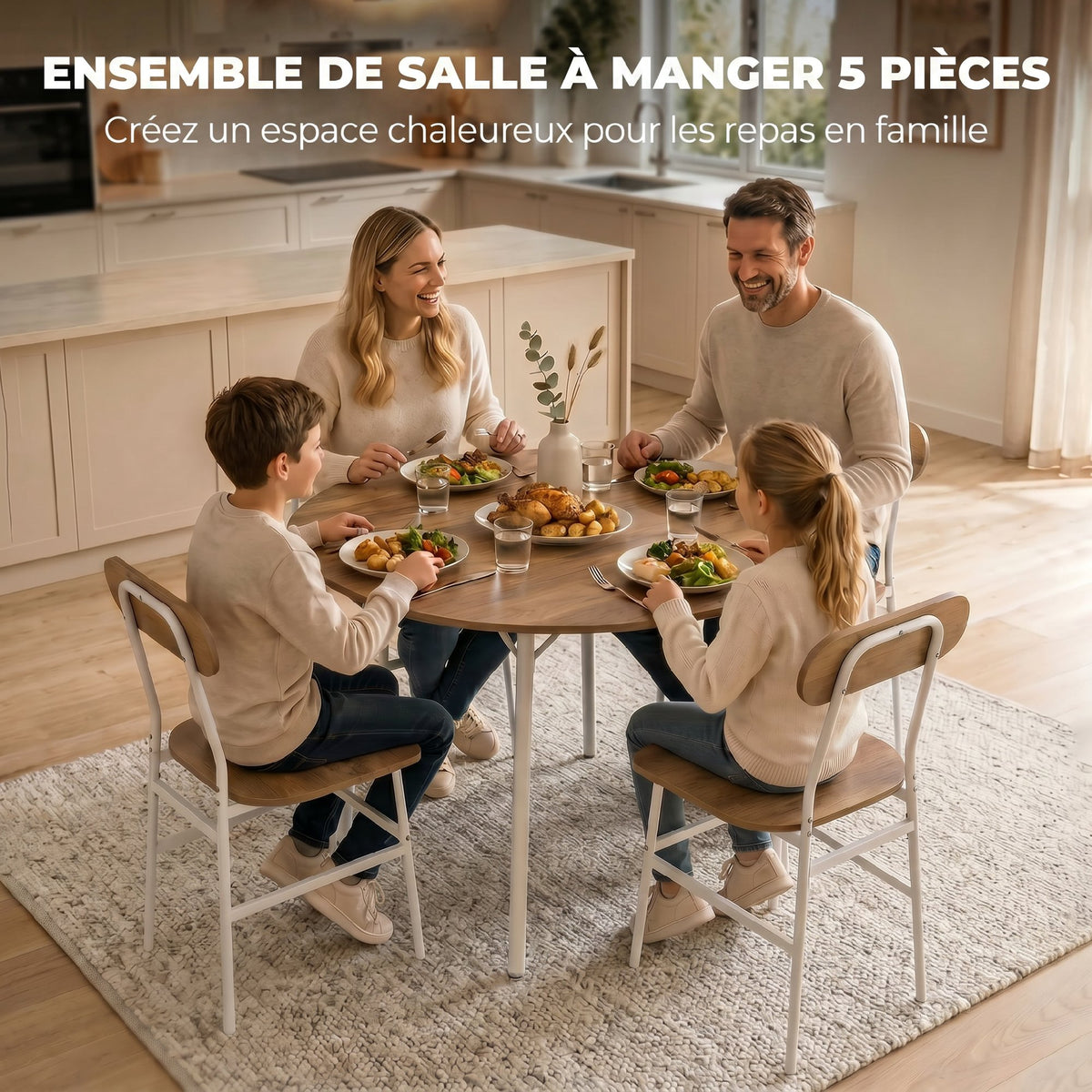 Ensemble table salle à manger avec 4 chaises, table de cuisine avec chaises pour 4 personnes, cadre en métal, naturel