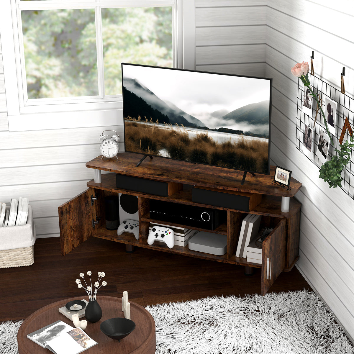 Meuble TV pour téléviseur jusqu'à 55 avec grand plateau, placards à portes et compartiment ouvert, marron