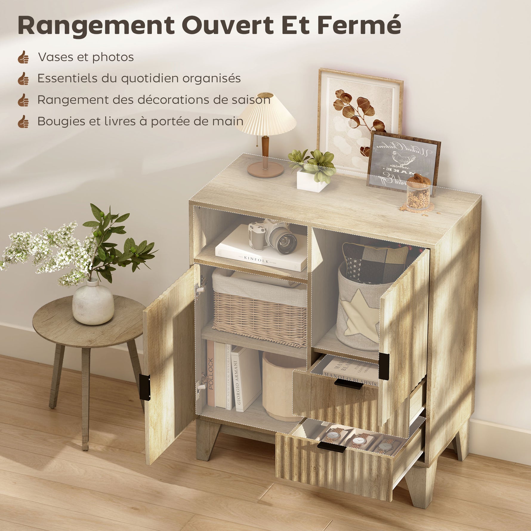 Buffet salon, meuble de rangement, 2 portes, 2 tiroirs, étagère réglable, compartiment ouvert, 80x40x90cm, bois naturel