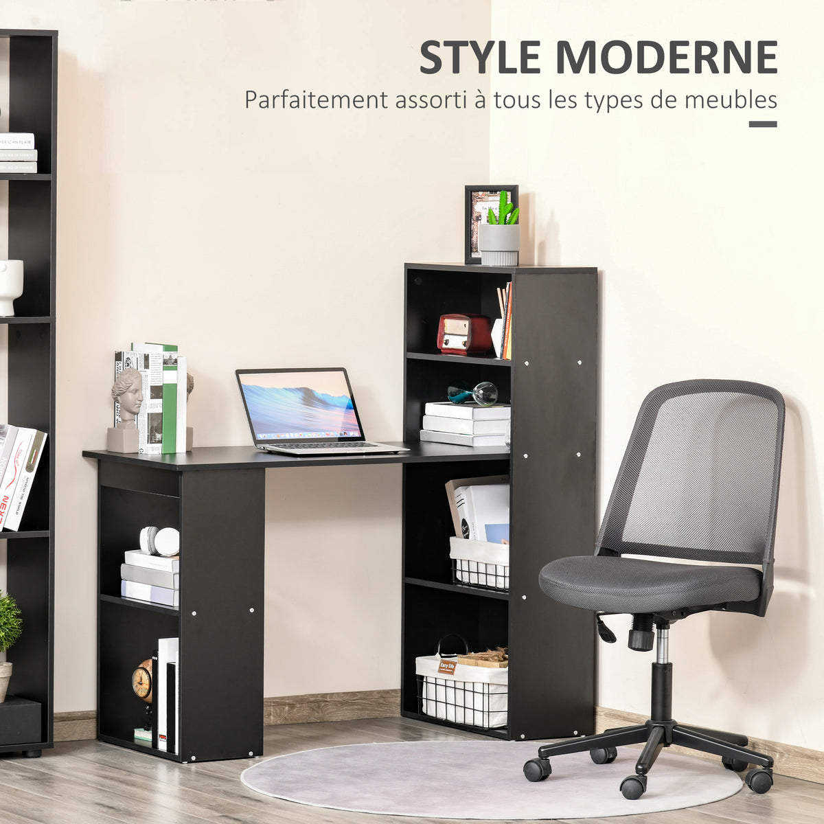 Bureau informatique, bureau avec rangement, 6 compartiments ouverts, table d'ordinateur pour chambre, studio
