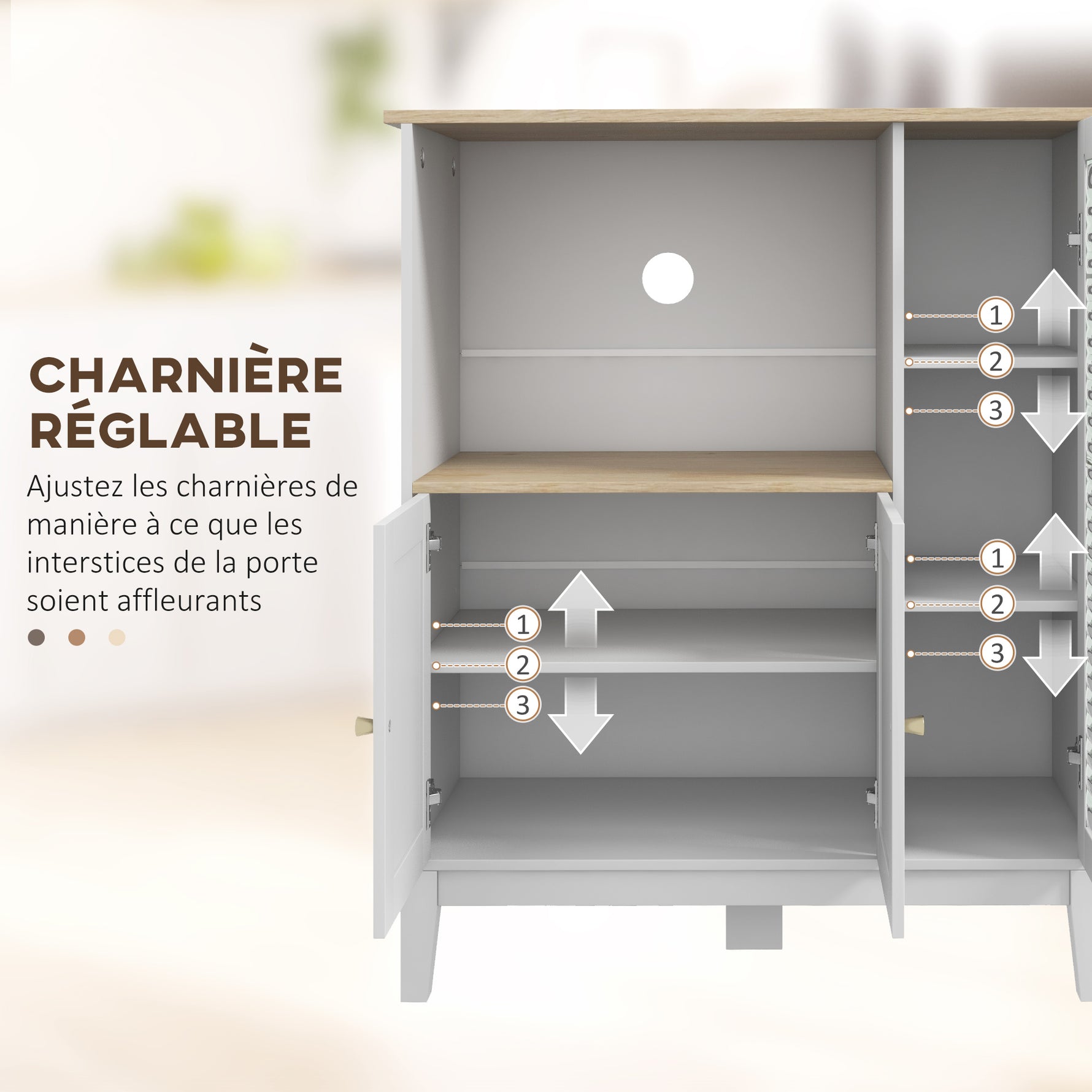 Meuble armoire micro-ondes pour cuisine avec 1 niche, 3 portes passe-câbles 80 x 35 x 97 cm blanc et aspect bois