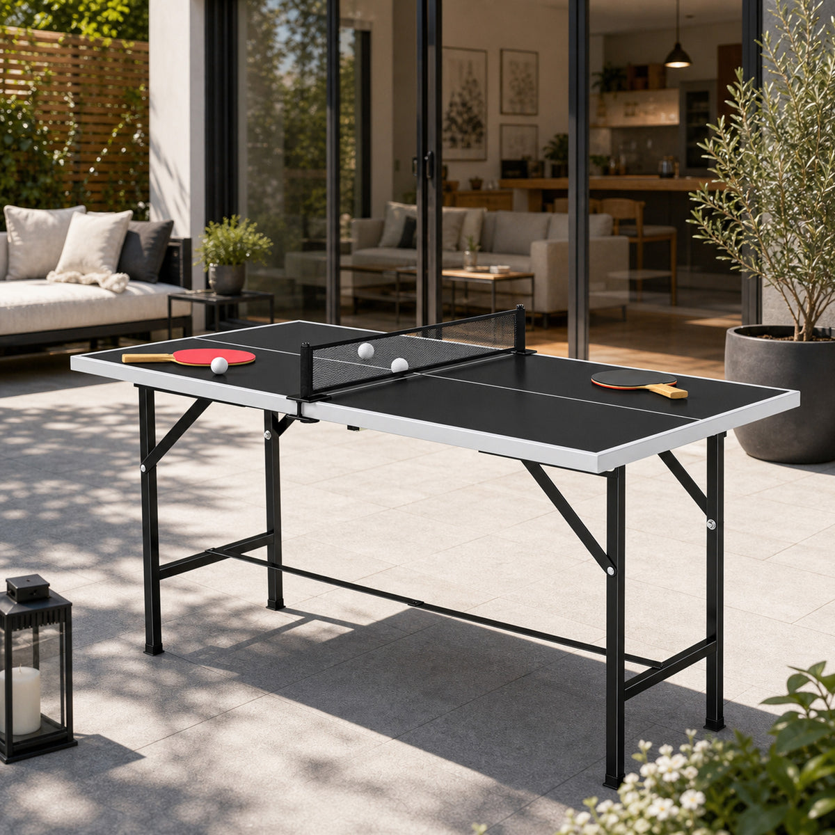 Opvouwbare mini-tafeltennistafel voor binnen en buiten met 2 massief houten batjes, 3 balletjes en net 152x76x70cm zwart