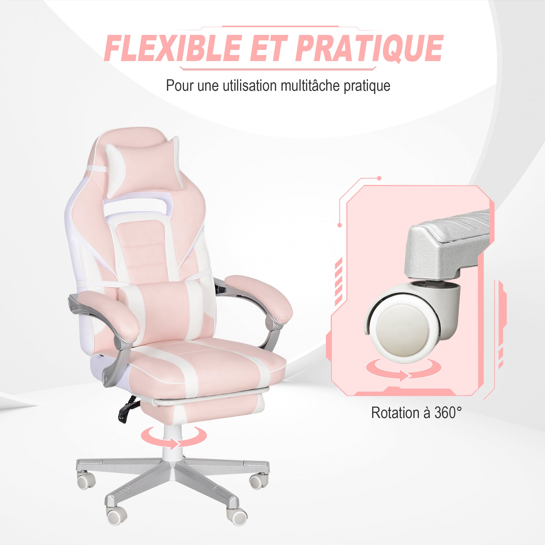 Chaise gaming, fauteuil gaming ergonomique avec repose-pieds, hauteur réglable, dossier inclinable, 63x63x123cm, rose