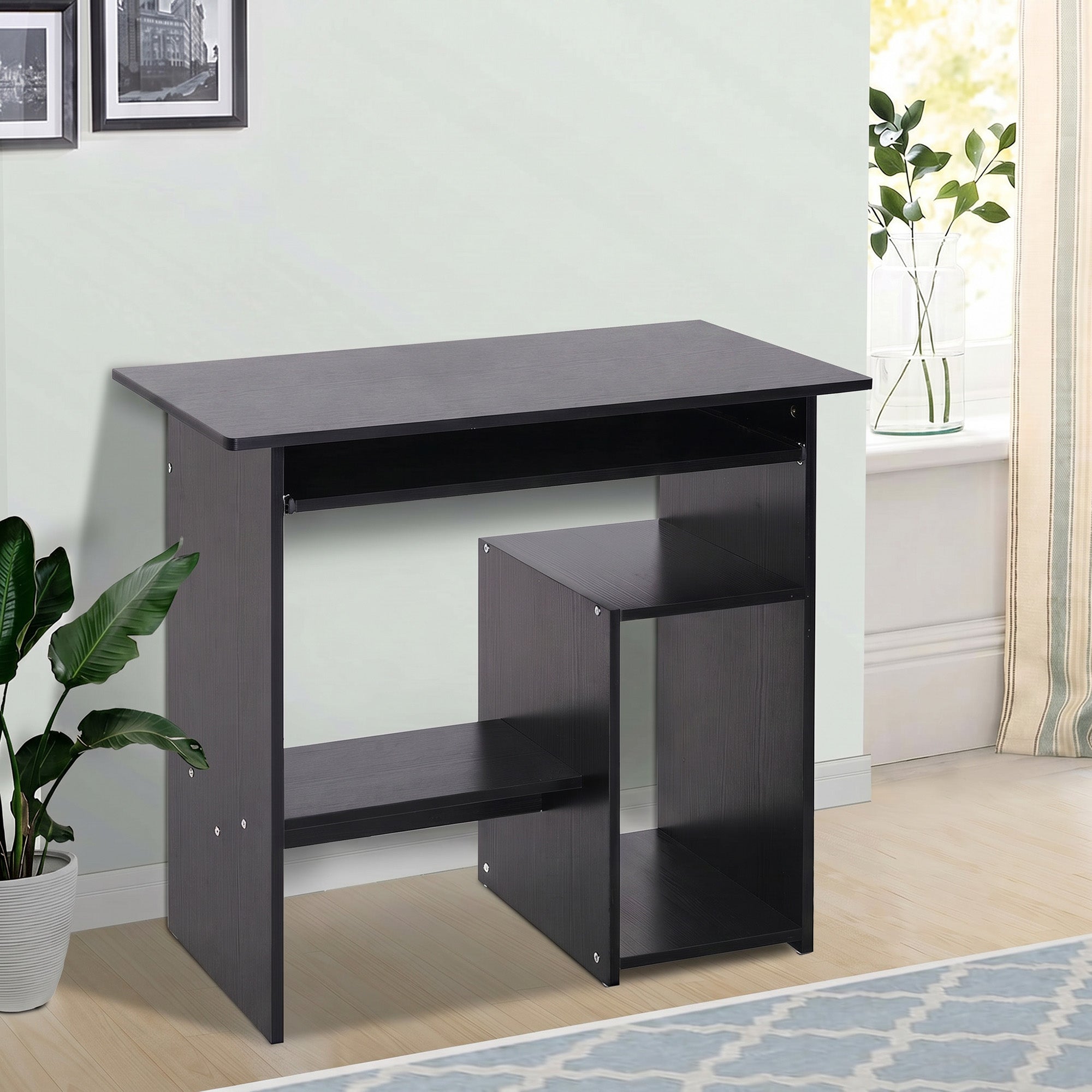 Bureau d'ordinateur, bureau avec rangement, plateau pour clavier et support de moniteur, 80 x 45 x 75 cm, noir
