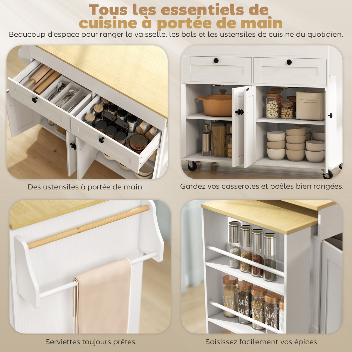 îlot central cuisine avec plateau extensible, desserte de cuisine sur roulettes avec 2 tiroirs, 4 portes, blanc