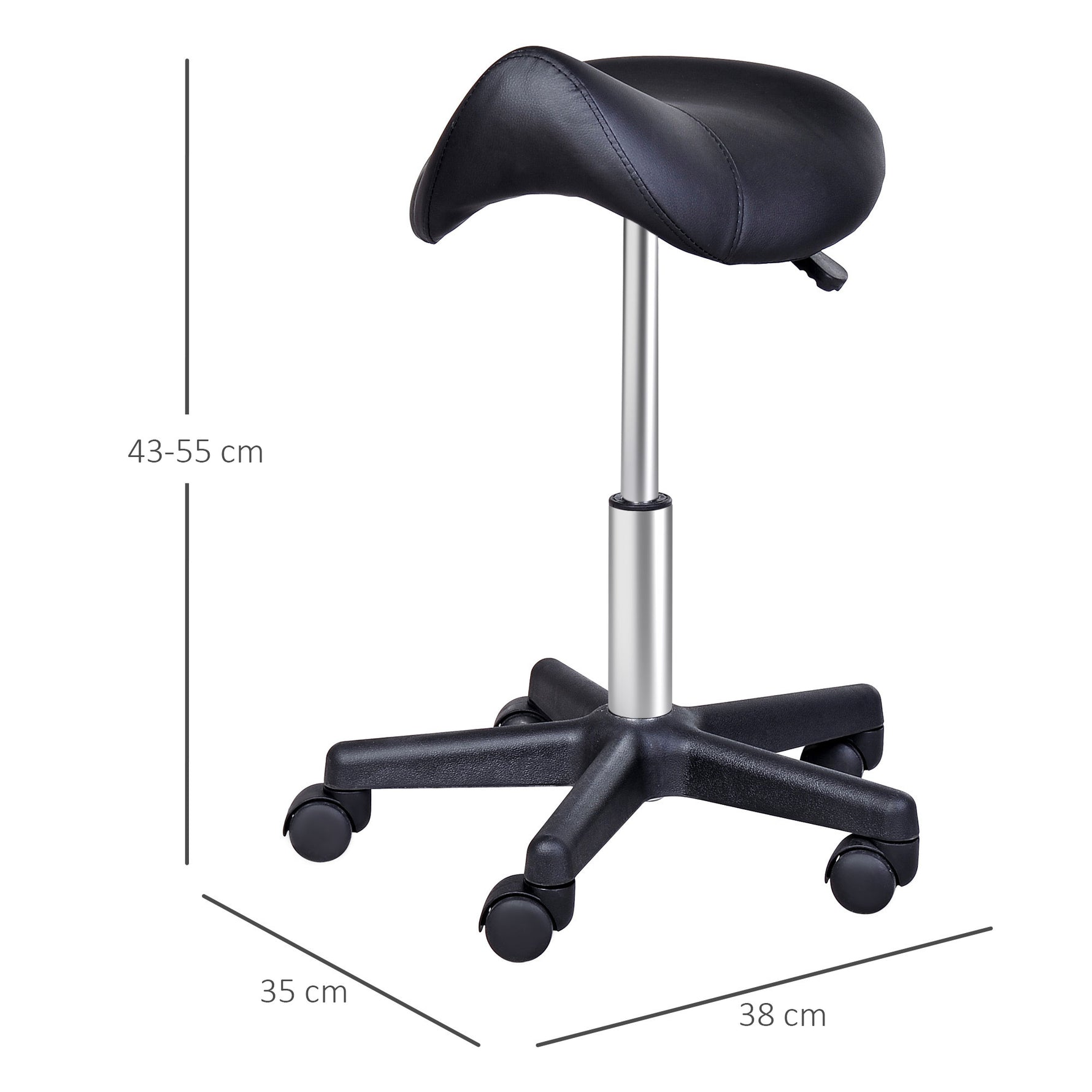 Tabouret à roulettes, tabouret de massage avec hauteur réglable 43-55 cm et selle ergonomique, chaise de travail à roulettes pivotant 360°, pour salon de massage, tatouage, clinique, spa, noir