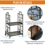 Porte-bûches range bûches étagère à bois de cheminée serviteur de cheminée cerf multi-accessoires 2 étagères dim. 51,5L x 33l x 77H cm métal noir or vieilli