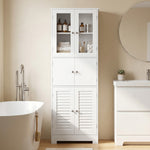 Meuble de salle de bain haut, meuble de rangement avec 6 portes dont 2 vitrées et 2 persiennes, étagère réglable, blanc