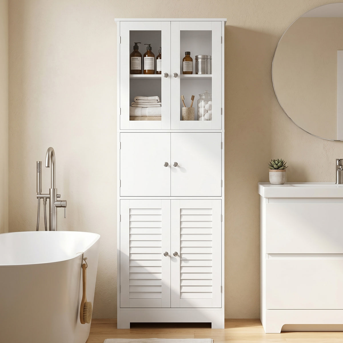 Meuble de salle de bain haut, meuble de rangement avec 6 portes dont 2 vitrées et 2 persiennes, étagère réglable, blanc