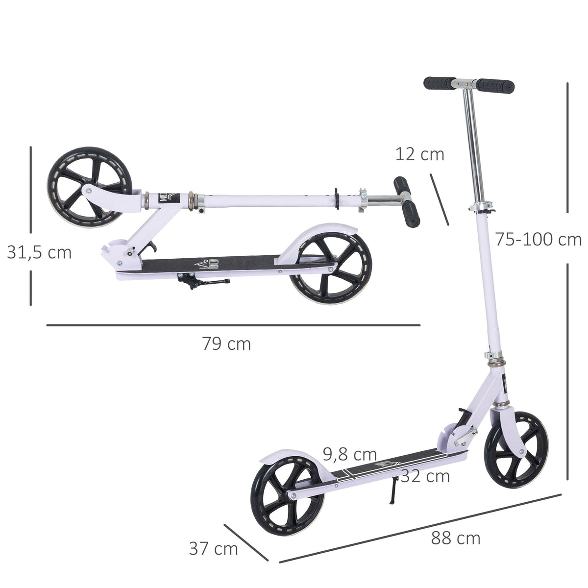 Trottinette Pliable Hauteur Guidon réglable sur 4 Niveaux système de freinage arrière pour enfant adolescent pois max. 100KG dim. 88L x 37l x 75-100H cm Blanc