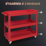 Chariot desserte d'atelier acier 3 plateaux sur roulettes avec poignée charge max. 150 kg 83 x 35,3 x 76 cm acier rouge