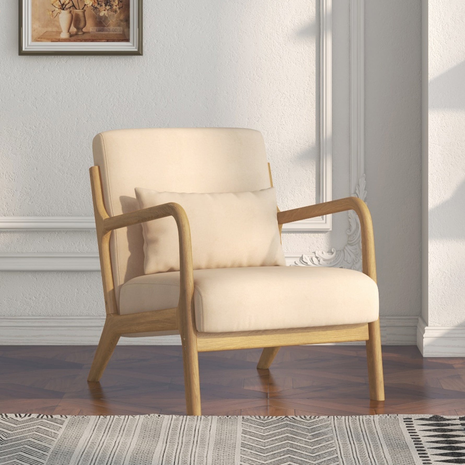 Fauteuil lounge - 3 coussins inclus - assise profonde - accoudoirs - structure bois hévéa - aspect velours beige