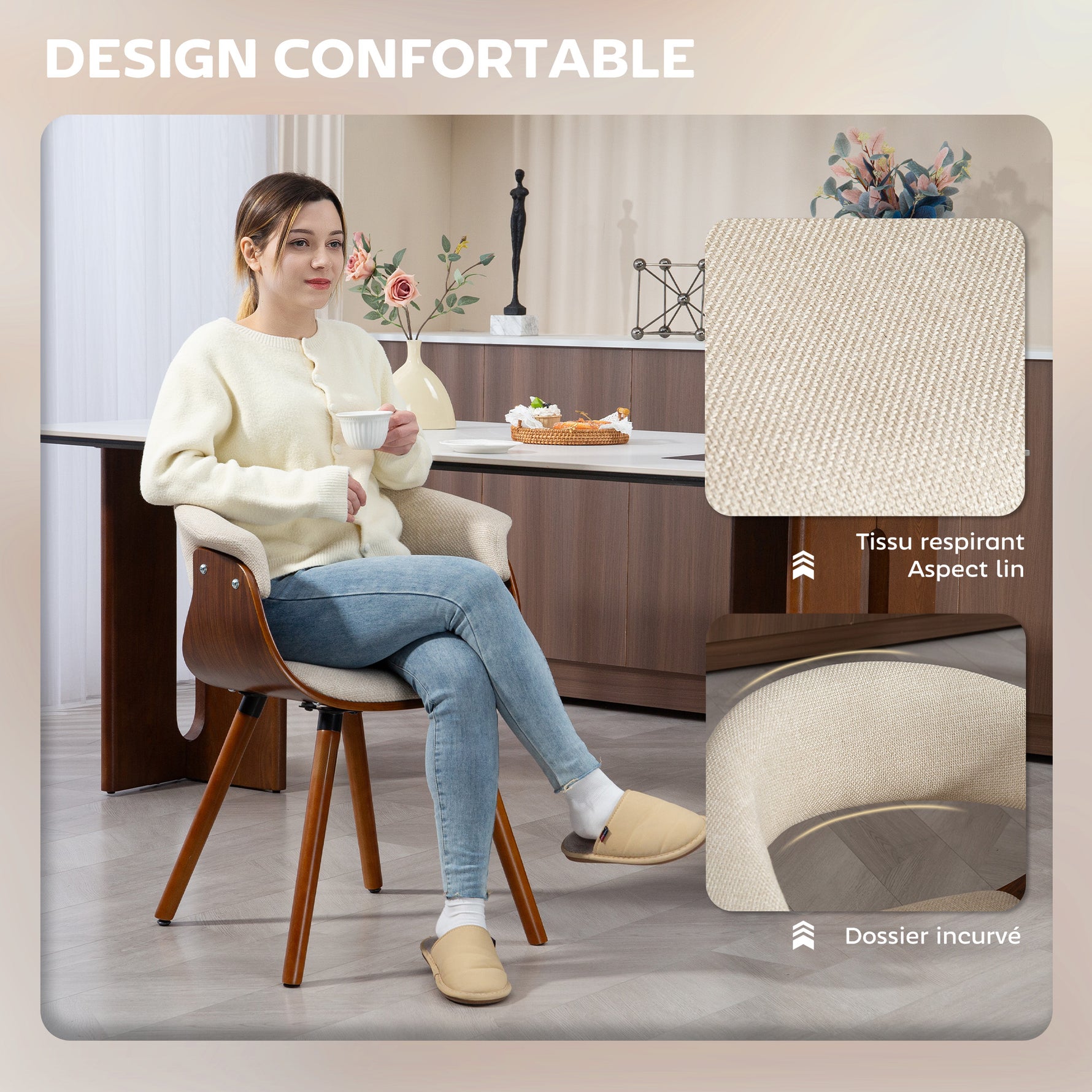 Lot de 2 chaises de salle à manger, chaises de cuisine rembourrées avec dossier incurvé et pieds en bois massif, beige