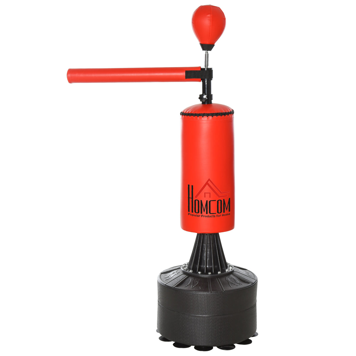Sac de frappe sur pieds punching ball brunier 3 en 1 avec ballon de vitesse bras flexible rotatif hauteur réglable revêtement synthétique base HDPE dim. 88L x 48l x 155-205H cm noir rouge
