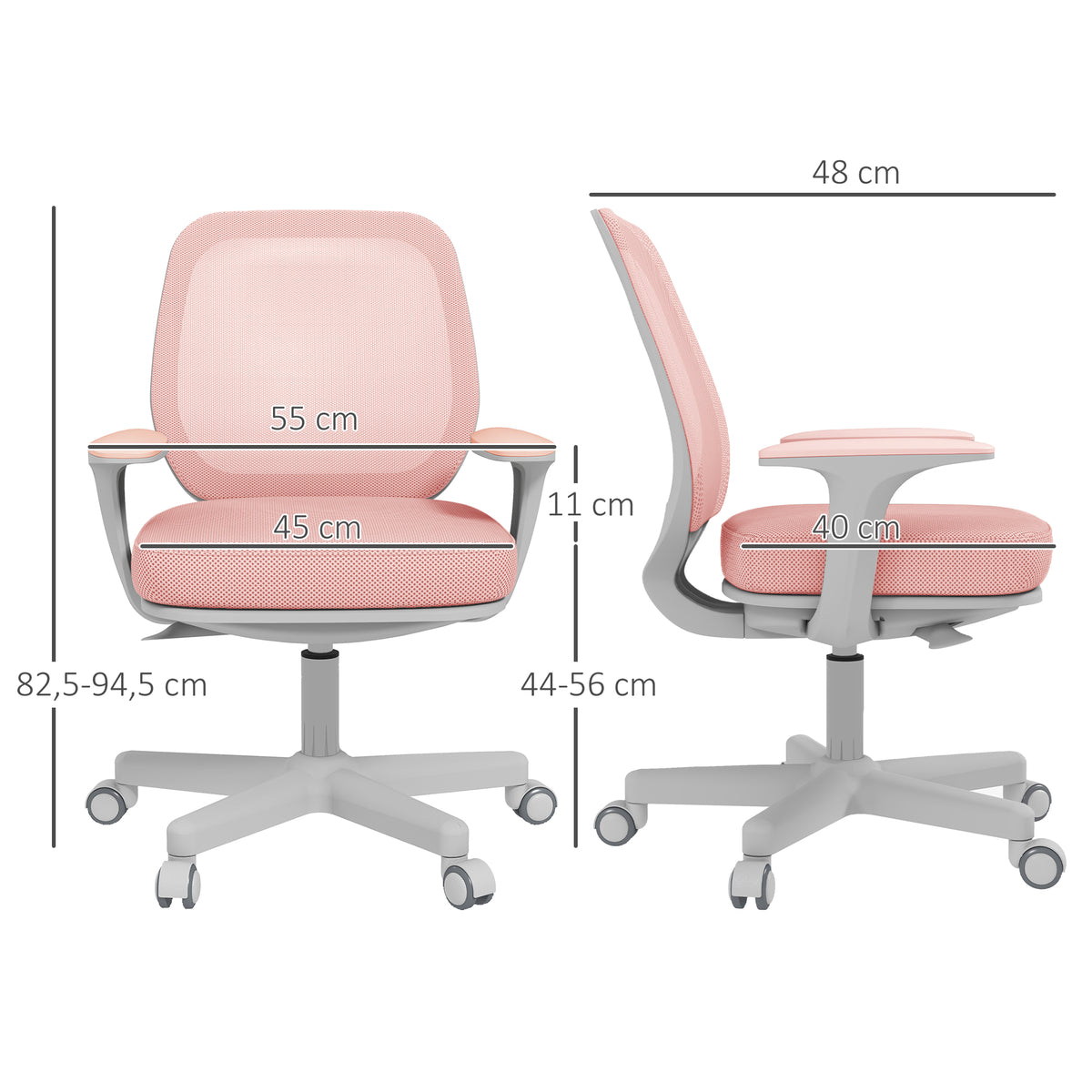 Fauteuil de bureau, chaise de bureau ergonomique en maille, hauteur réglable, 55x48x82,5-94,5cm, rose