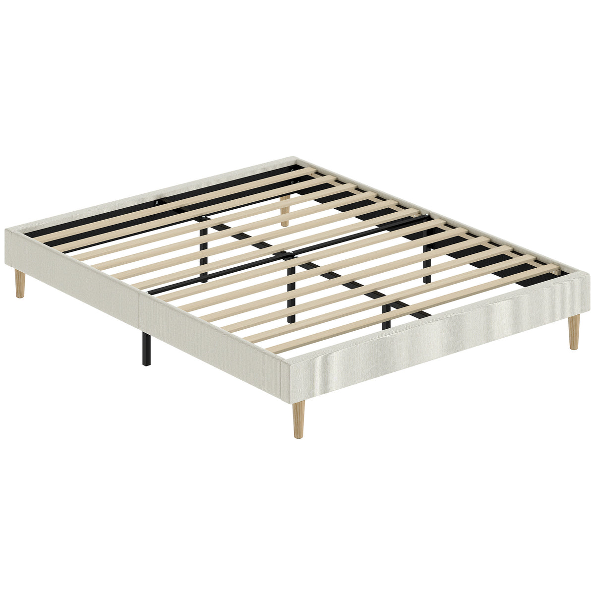 Cadre de Lit 140 x 190 cm avec Sommier, Lit Double Rembourré en Velours Côtelé, Espace de Rangement Au-Dessous, Crème