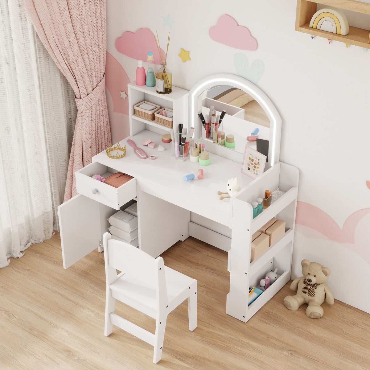 Coiffeuse pour enfants avec tabouret et miroir LED, table de maquillage pour 3 à 8 ans, 88,6 x 38,8 x 96,9 cm, blanc