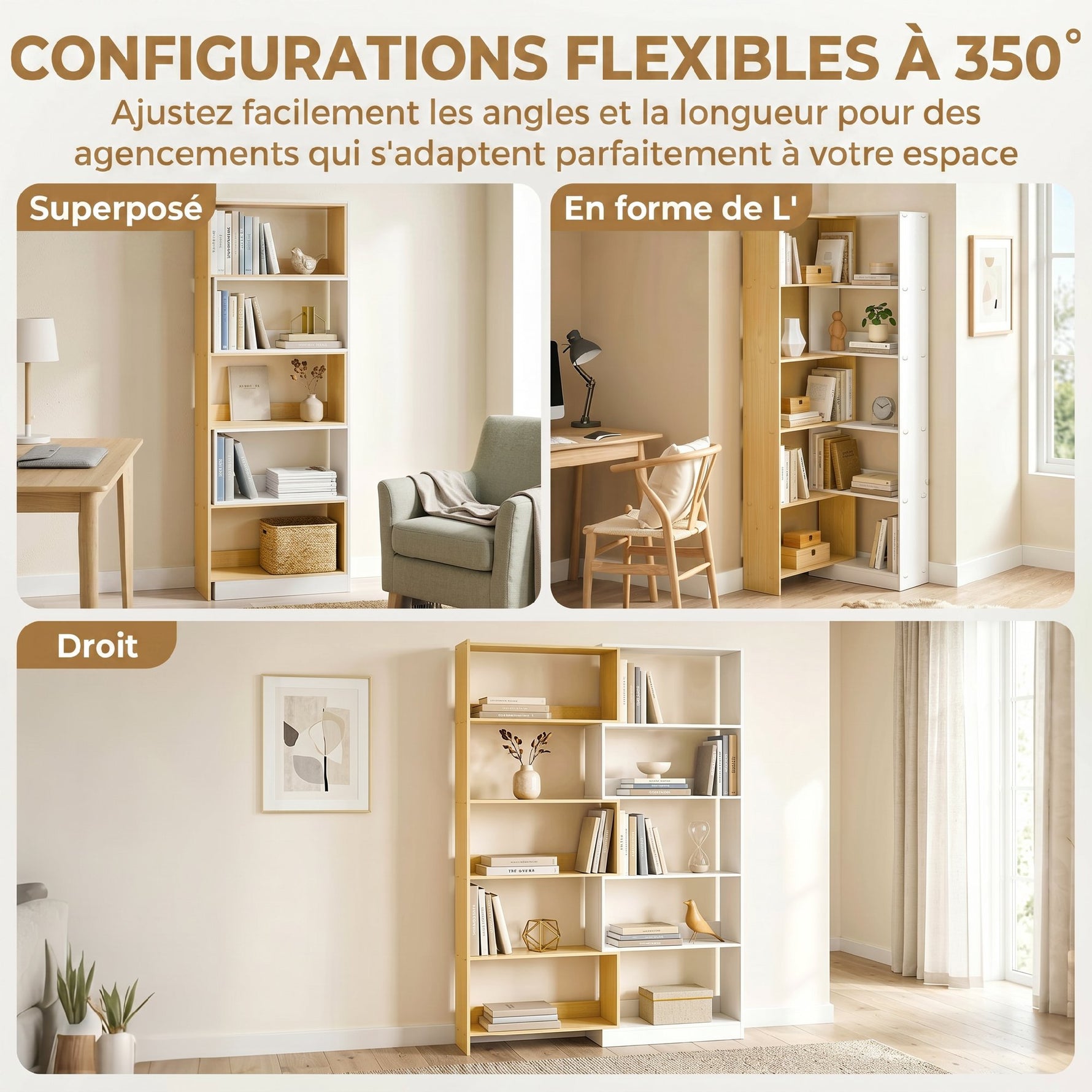 Bibliothèque d'angle rotative 350° à 5 niveaux, étagère de rangement extensible en forme L, 60-111x24x164cm, chêne