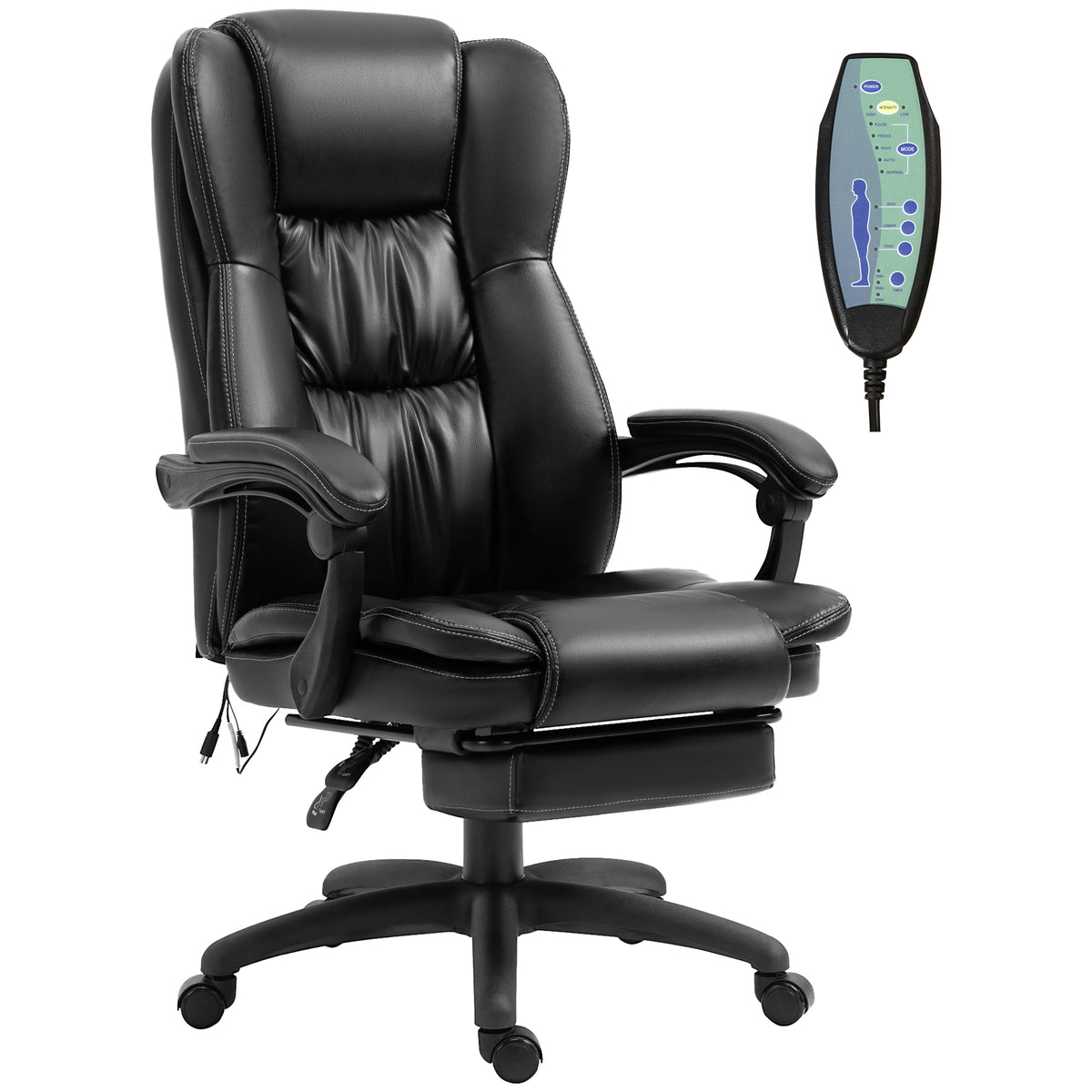 Fauteuil de bureau massant, chaise de bureau avec hauteur réglable, dossier inclinable et télécommande filaire, noir