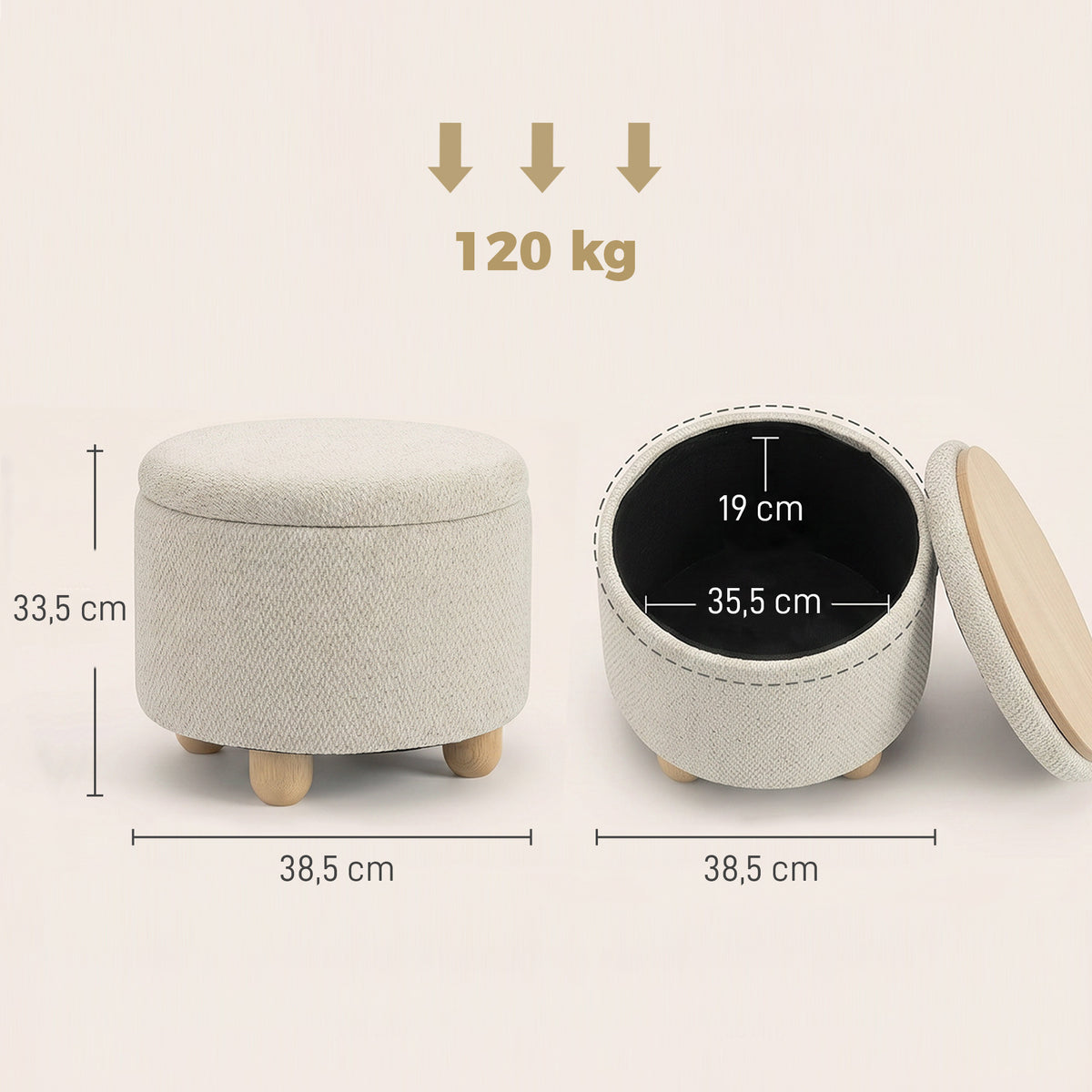 Ronde opbergpoef van jute, voetenbankje met deksel, poten van rubberwood, beige